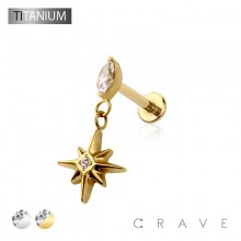 STARBURST DANGLE BEZEL CZ TOP THREADLESS (PUSH IN) IMPLANT GRADE TITANIUM LABRET SET